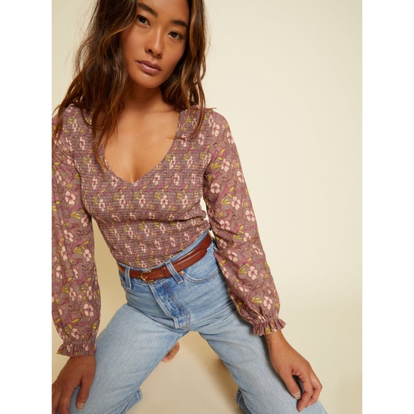 Nation LTD Tops - Nation LTD Magenta and Brown Floral Bunny Smocked Tee in Love Story Size Medium